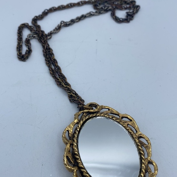 VTG petit point needlepoint mirrored pendant goldtone ornate frame necklace - Picture 5 of 5